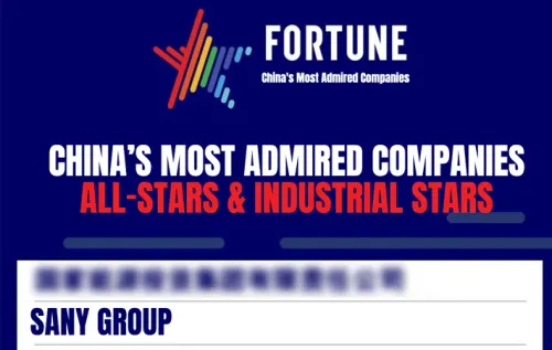 SANY Group удостоена звания самой уважаемой компании Китая в 2023 году по версии Fortune.
